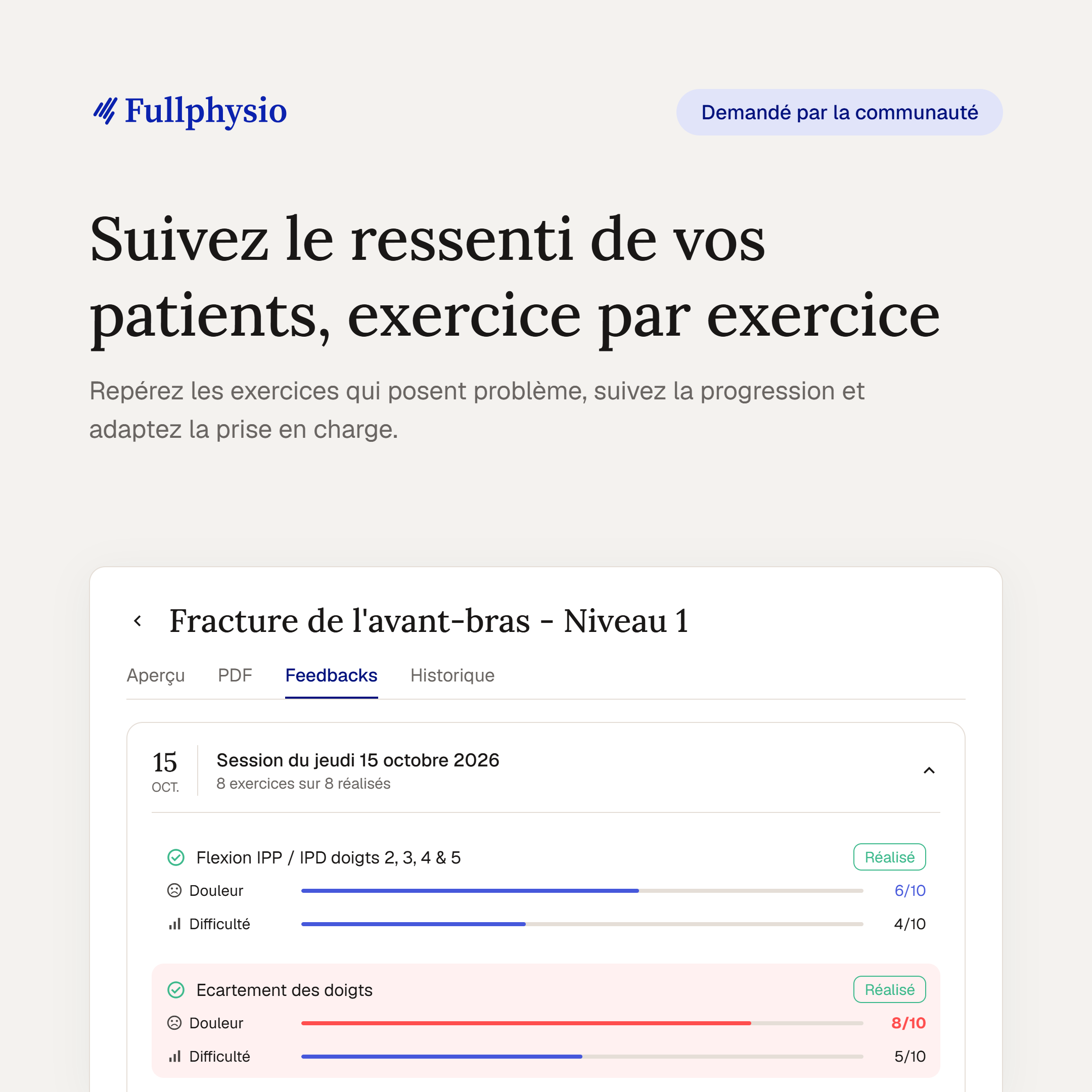 Note de douleur et de difficulté par exercice dans le suivi patient